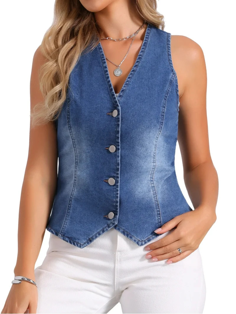 INSPIRE CHIC Women's Denim Vest V Neck Sleeveless Button Down Jean Waistcoat Casual Jacket S Blue... | Walmart (US)