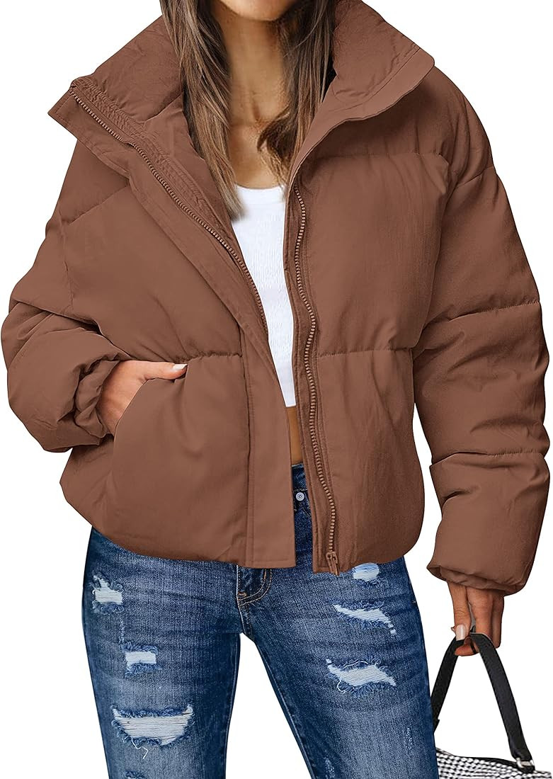 MEROKEETY Women's Winter Long Sleeve Zip Puffer Jacket Stand Collar Baggy Short Down Coats with P... | Amazon (US)