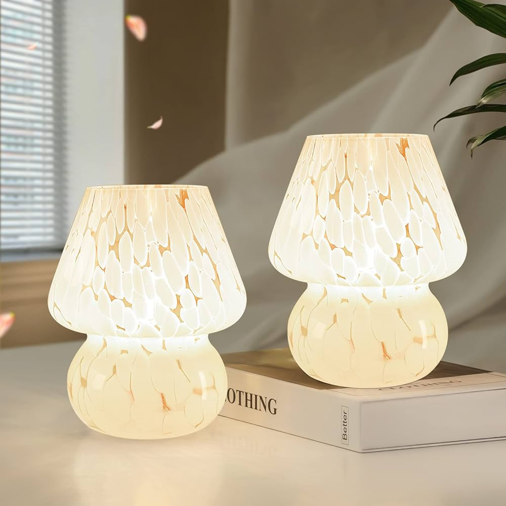 ONEWISH Cute Mushroom Lamp Small Bedside Table Lamp Set of 2 Stepless Dimmable, Translucent Glass... | Amazon (US)