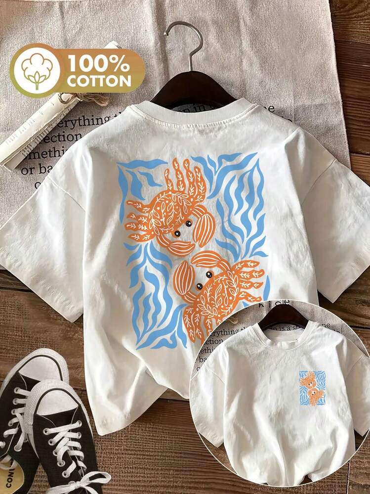 Women's Oversized Y2K 100% Cotton Graphic Tee With Retro Crab & Seaweed Print, Front & Back Design, Coastal Beach Casual T-Shirt For Women Reversible Printed T-Shirt For Women, Featuring A Playful Design With Crabs And Seaweed, Perfect For Spring And Summer Unisex Short Sleeve Graphic Tee Casual Crewneck T-Shirt | SHEIN