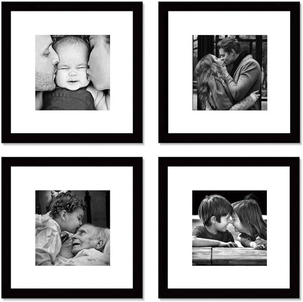12x12 Black Square Picture Frames Set of 4, Solid Wood Frames Display 8x8 Photo with Mat, Tableto... | Amazon (US)