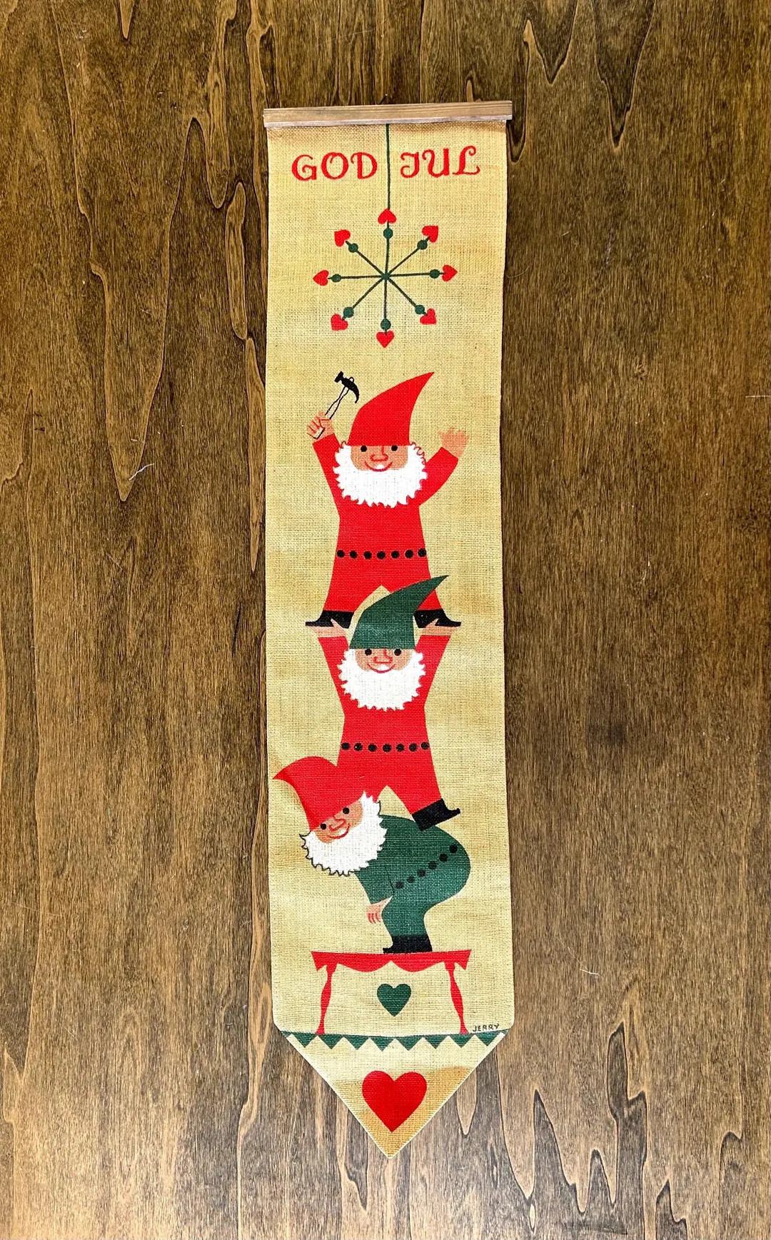 Vintage block printed kitschy Christmas jute wall hanging - 31.5” wall banner with Scandinavian... | Etsy (US)