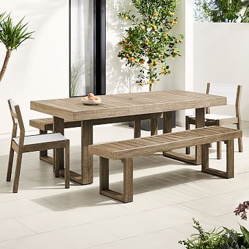 Portside Outdoor 76.5" Dining Table, 2 Benches & 2 Textilene Chairs Set | West Elm (US)