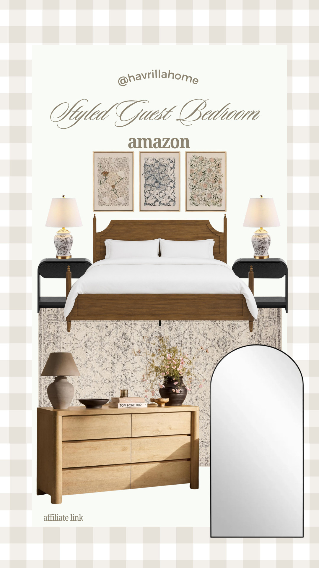 Styled Guest Bedroom, guest bedroom ideas, guest bedroom decor, bedroom styling, wood bed frame, white duvet, black nightstands, ceramic table lamps, vintage inspired artwork, gallery wall bedroom, arched floor mirror, light wood dresser, neutral bedroom decor, textured area rug, cozy bedroom inspiration, Amazon bedroom finds, modern organic bedroom, transitional bedroom design, home styling ideas, bedroom makeover, designer-inspired bedroom

#LTKHome