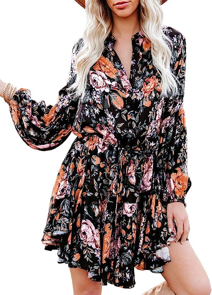 Clarisbelle Women's Long Sleeve Button up Tie Waist Floral Chiffon Dress | Amazon (US)