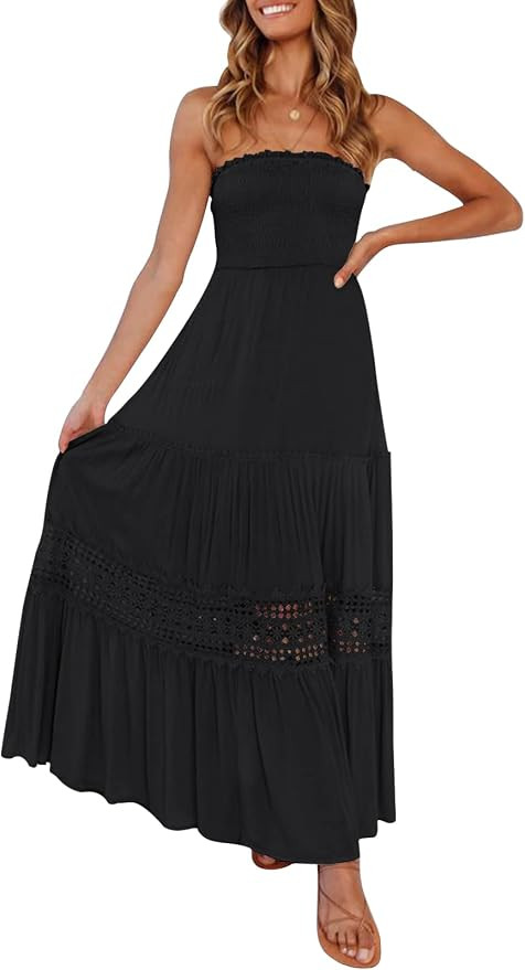 ZESICA Women's 2023 Summer Bohemian Strapless Off Shoulder Lace Trim Backless Flowy A Line Beach ... | Amazon (US)