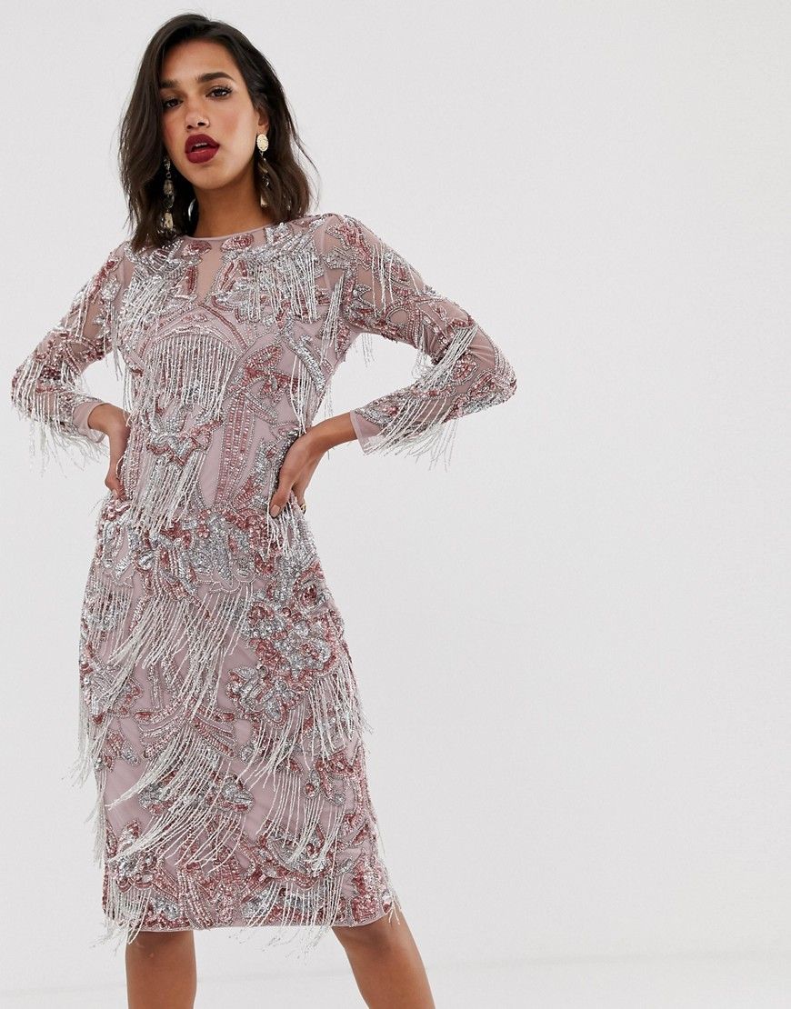 ASOS EDITION floral midi fringe dress-Pink | ASOS (Global)