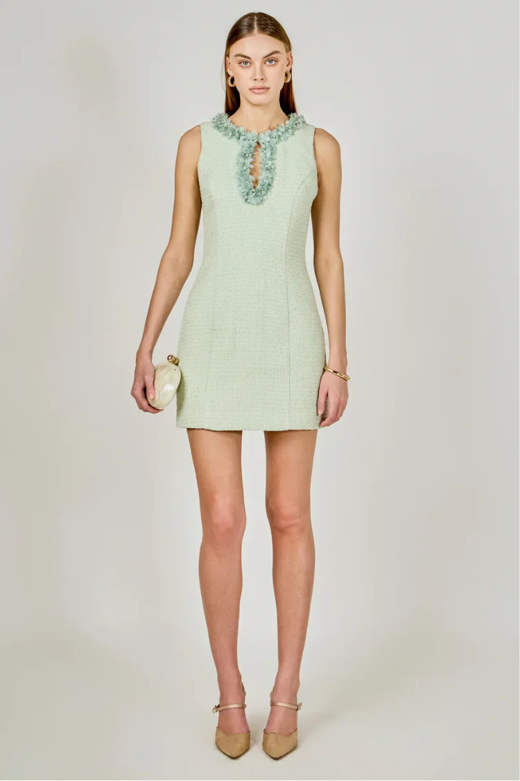 Jackie Tweed Racerback Floral Trim Mini Dress - Pistachio | Confête
