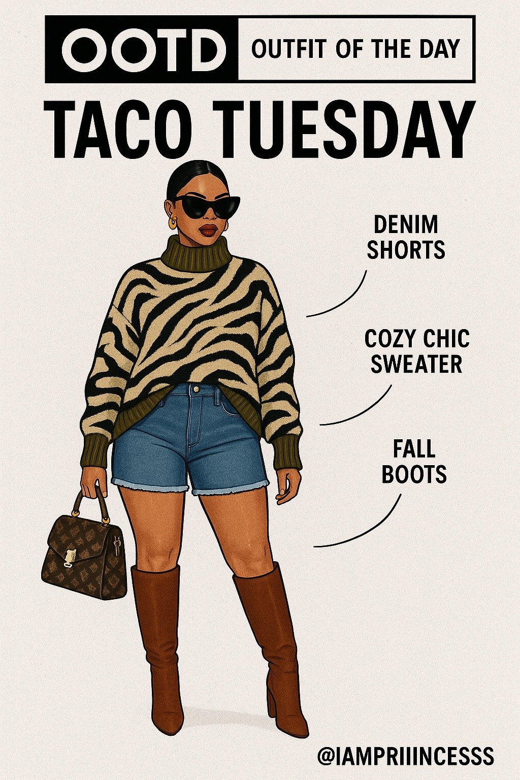 OOTD: Taco Tuesday 🌮💋
Serving cozy glam with a side of sass because Taco Tuesday deserves a whole look! 😎
Denim shorts, zebra-print sweater, tall fall boots, and my fave designer bag. Effortless but make it Cardi B energy. 

Scroll to Shop the full look 

#OOTD #FallFashion #LTKStyle #LTKOutfit #FallOOTD #CozyChic #ZebraPrint #DesignerBag #FallBoots #LTKFall #CardiBVibes #iampriiincesss #FashionInspo #ChicStyle

#LTKStyleTip #LTKItBag #LTKSeasonal