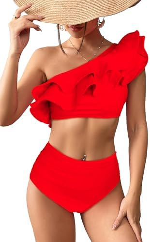 SPORLIKE Women High Waisted Swimsuit Flounce One Shoulder Bikini Padded Bathing Suit | Amazon (US)