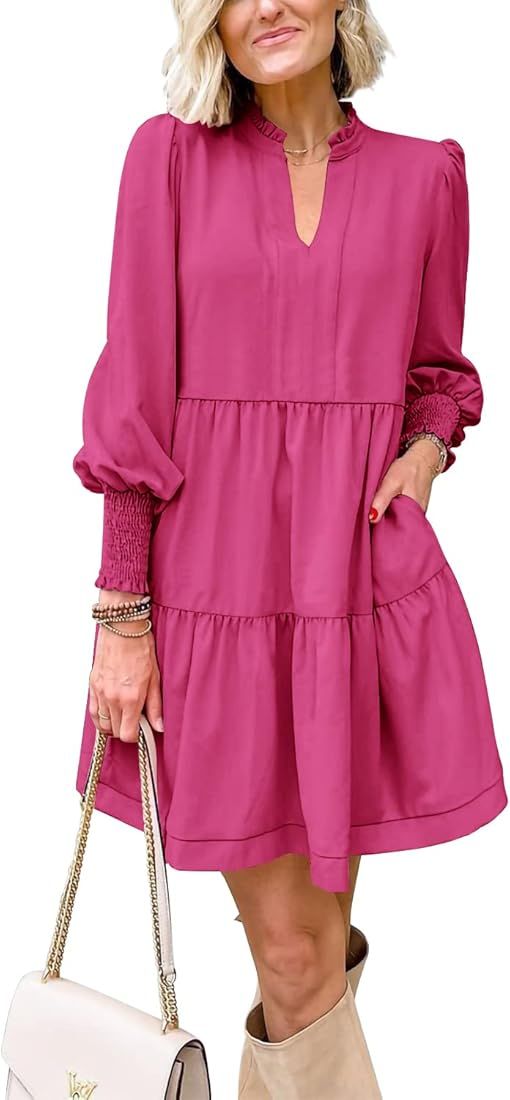 Womens Fall Long Sleeve Tunic Dress Casual V Neck Loose Ruffle Tiered Dress | Amazon (US)