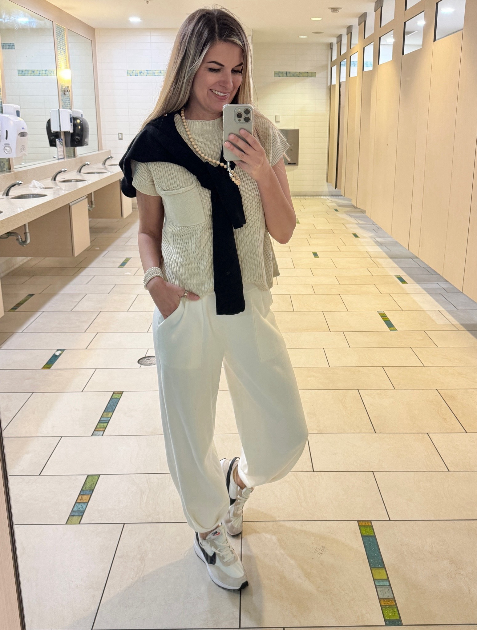 Size small amazon travel set.  Xs sweatshirt (use code RACHELXSPANX for a discount).   Sneakers true to size.   

#LTKOver40 #LTKFindsUnder50 #LTKTravel