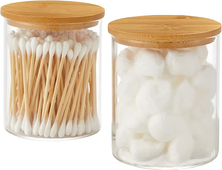 INIUNIK Glass Qtip Holder Dispenser with Bamboo Lid - 2 Pack Apothecary Jars - Cotton Balls Pads ... | Amazon (US)
