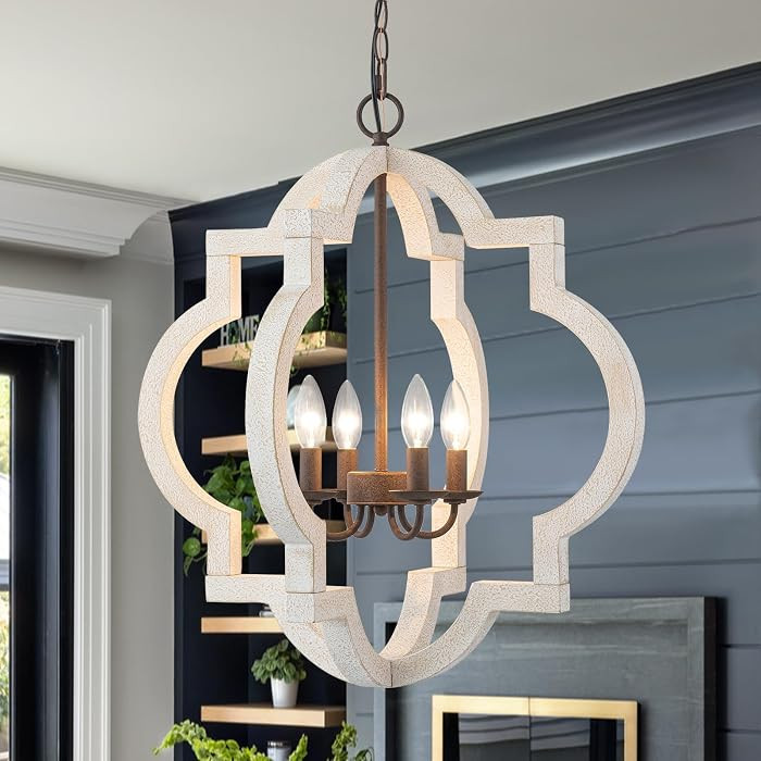 22" Oak Distressed White Chandeliers for Dining Room Farmhouse Wood Pendant Lights Kitchen Island... | Amazon (US)