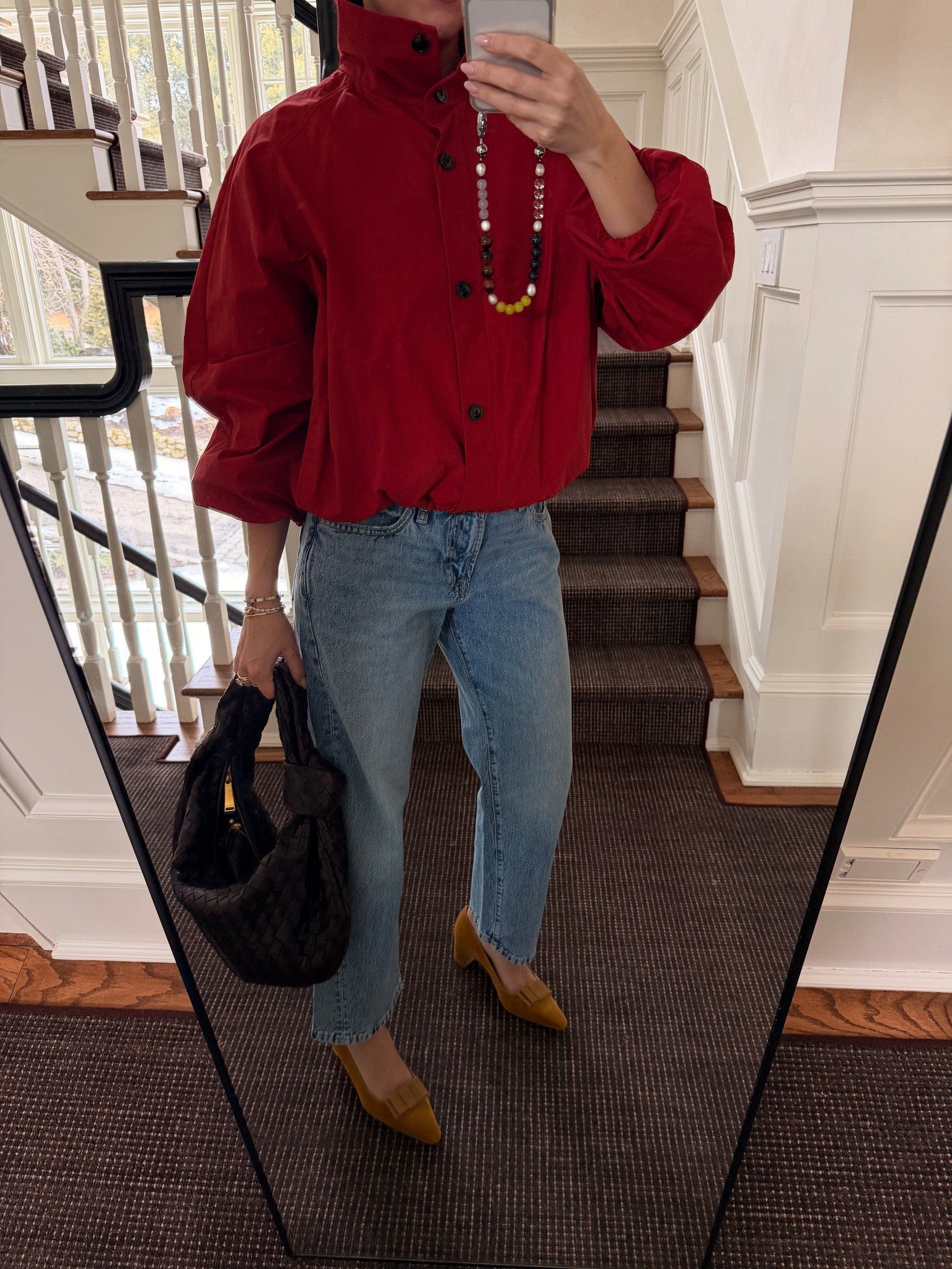 Red windbreaker jacket, best Zara jeans (I went up 1 size) 