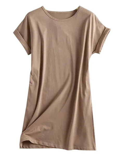 'Samantha' Brown Basic Round Neck T-shirt Mini Dress with Pockets | Goodnight Macaroon