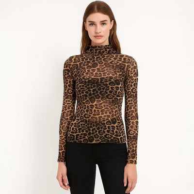 Women's Leopard Print Slim Fit Mesh Top – Cherie Code Leopard S | Target