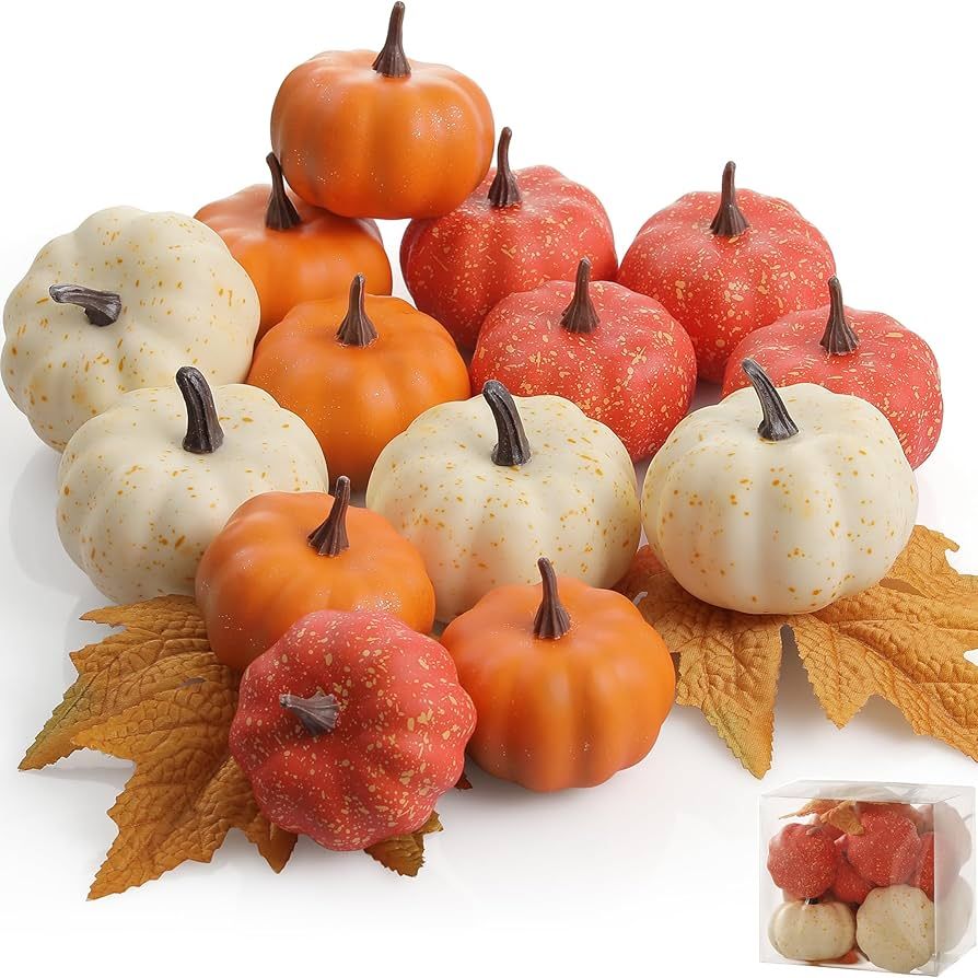 BAPPEY Pumpkin Decor - 16PCS Foam Pumpkins Harvest Set - Fake Pumpkins with Realistic Maple Leave... | Amazon (US)