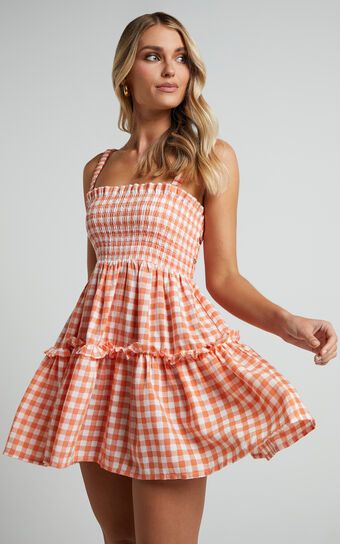 Wilda Mini Dress - Shirred Tiered Dress in Orange | Showpo (US, UK & Europe)