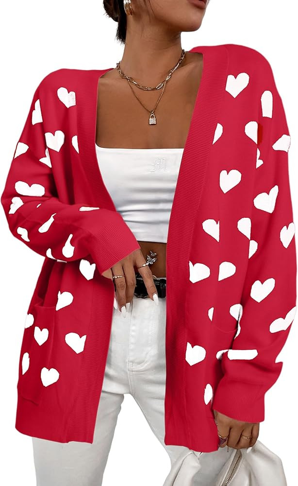 Heart Cardigan Sweater for Women Oversized Valentine Cardigan Cute Love Print Open Front Knit Swe... | Amazon (US)