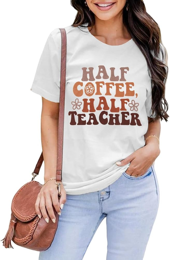 MODNTOGA Teacher Shirt Half Teacher Half Coffee T-Shirt Women Vintage Back to School Tee Tops Sho... | Amazon (US)