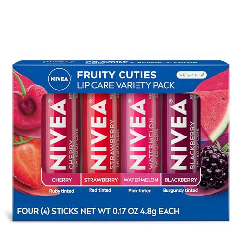 NIVEA Lip Care, Fruity Tinted Lip Balm Variety Pack, Cherry, Strawberry, Blackberry and Watermelon Flavors, 3-in-1 Moisture, Repair and Color, 0.17 Oz Stick, Pack of 4 | Amazon (US)
