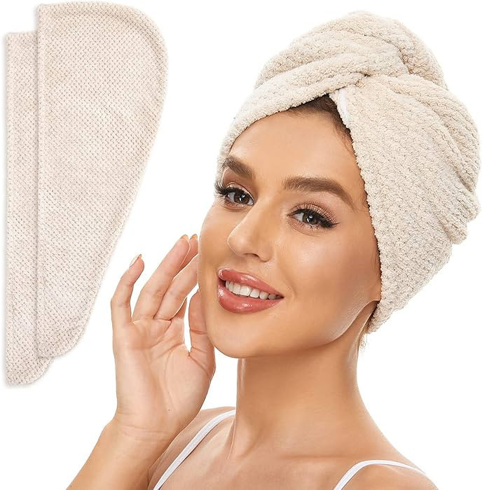 2 Pack Microfiber Hair Towel Wrap for Women, Anti Frizz Quick Drying Hair Turban for All Hair Sty... | Amazon (US)