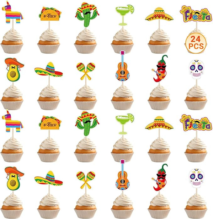 24 PCS Cinco De Mayo Decorations, 12 Style Fiesta Cake Toppers, Cocktail Guitar Chili Design Cinc... | Amazon (US)