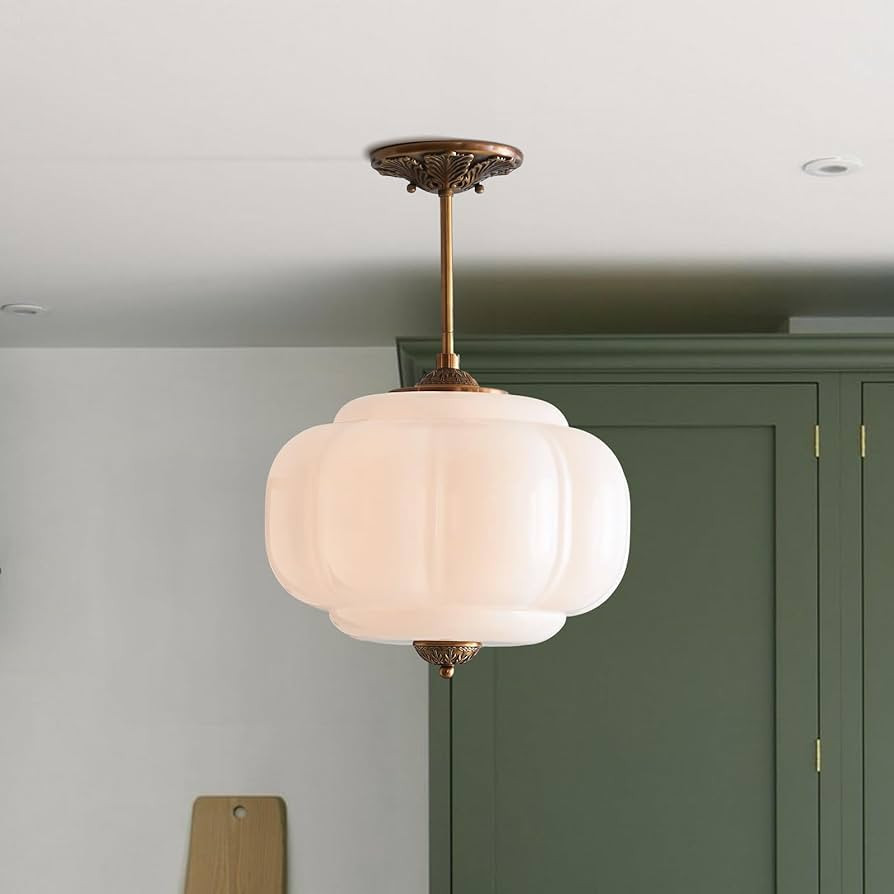 Milk Glass Ceiling Light Fixture - Antique Brass Semi Flush Mount Pendant Light for Kitchen, Hall... | Amazon (US)