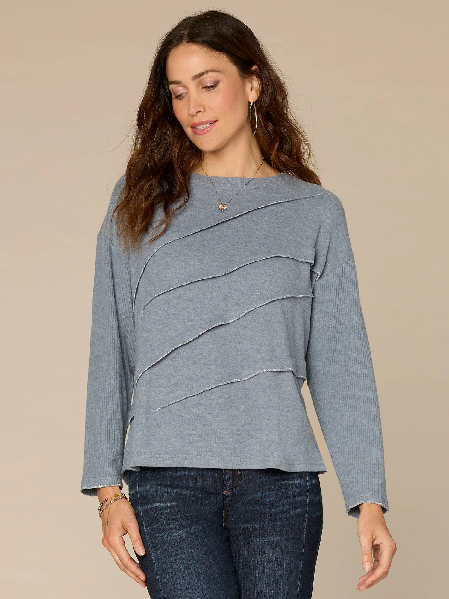 Long Sleeve Boat Neck Petite Knit Top with Pleating and Overlock | Democracy Clothing
