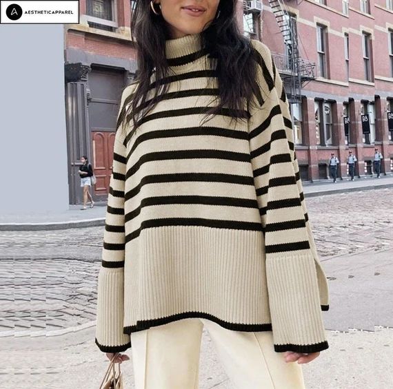 Striped Sweater Minimalistic Knitted Sweater White Striped - Etsy | Etsy (US)