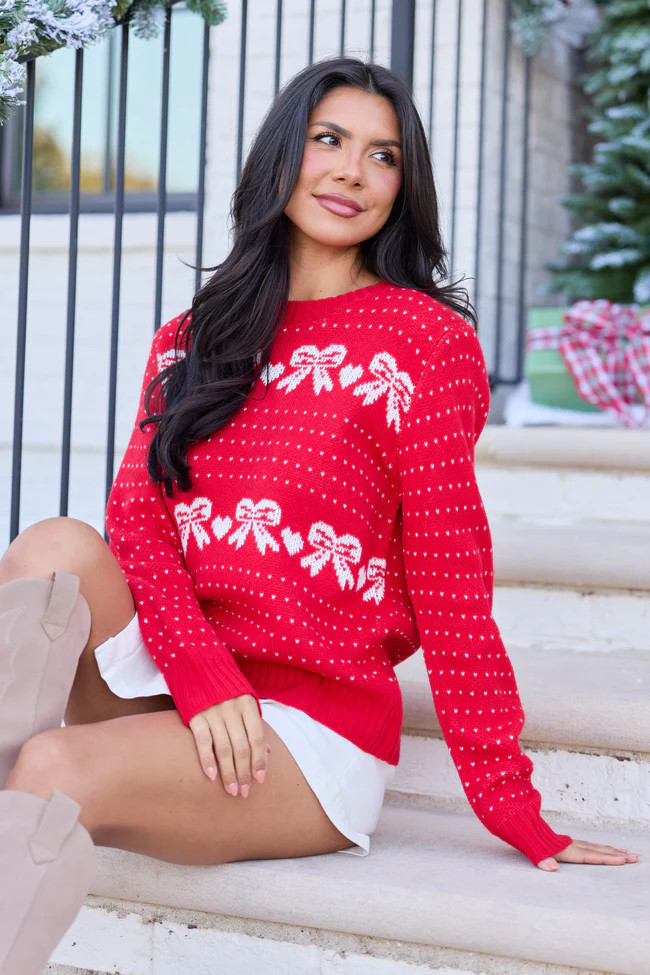 Grace Red And White Fair Isle Bow Holiday Crewneck Sweater SALE | Pink Lily