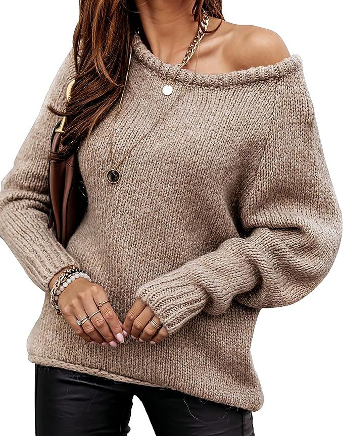 BTFBM Women Casual Long Sleeve Sweaters Crew Neck Solid Color Soft Ribbed Knitted Oversized Pullo... | Amazon (US)