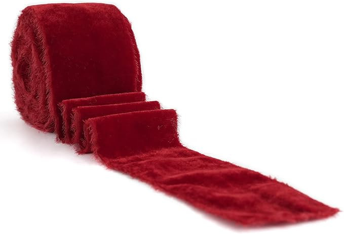 HUIHUANG Red Velvet Ribbon 2 inch Handmade Fring Frayed Velvet Fabric Ribbon for Christmas Tree, ... | Amazon (US)