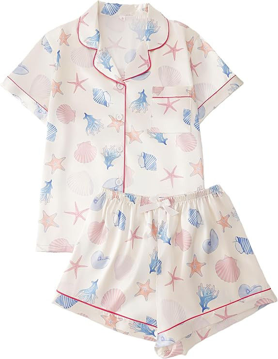 Women's 2 Piece Summer Ocean Print Pajama Sets Starfish Shell Sleepwear Short Sleeve Nightwear So... | Amazon (US)
