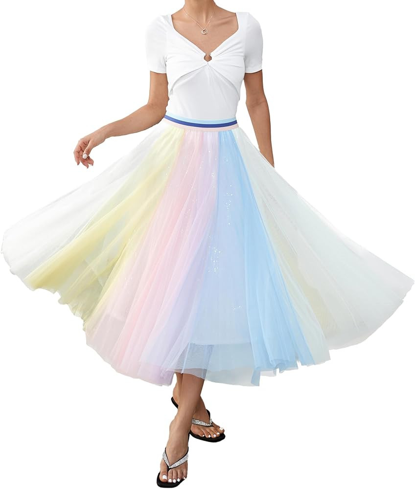 Women Pleated Long Tulle Skirt High Elastic Waist Swing Casual Midi Skirt | Amazon (US)