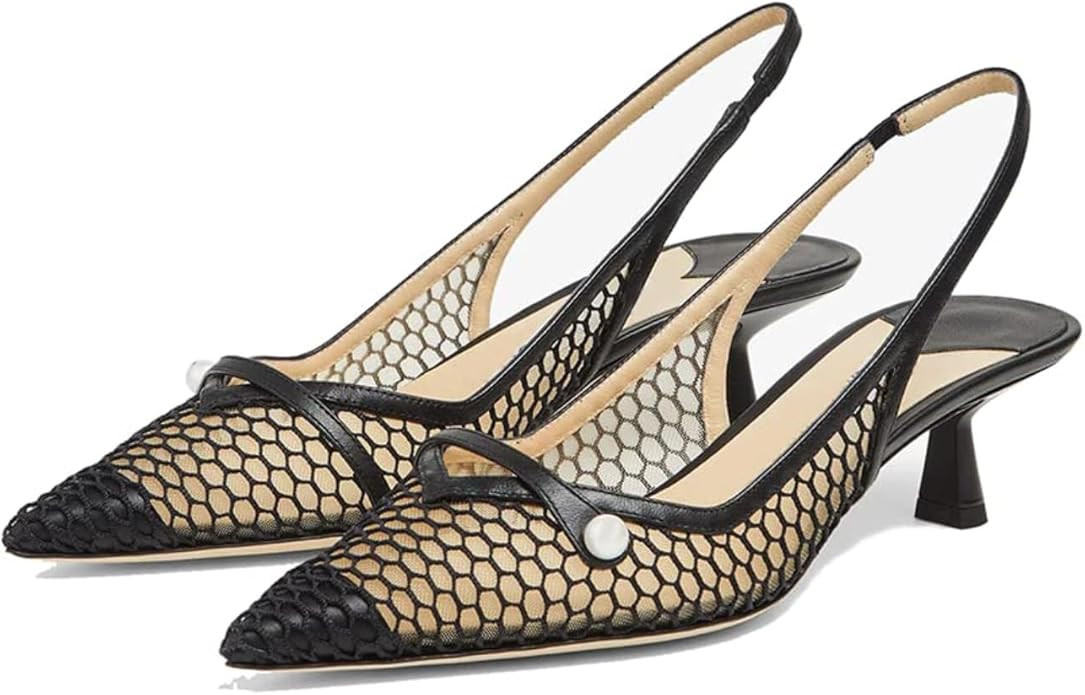 MIRAAZZURRA Mesh Slingback Kitten Heels Pointed Toe Pumps Low Heel Slip on Dress Shoes for Dating... | Amazon (US)
