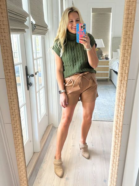 Cutest sweater vest and faux leather shorts! Great summer into fall transition look. Small sweater, medium shorts. Code FANCY15 for 15% off 

#LTKstyletip #LTKFind #LTKover40