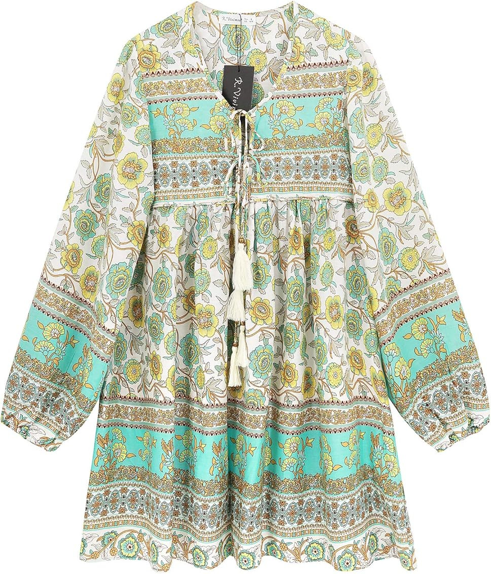 R.Vivimos Womens Long Sleeve Floral Casual Print Cotton Mini Tunic Dress | Amazon (US)