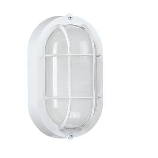 8.5 in. x 5 in. 1-Light Oval Matte White LED Bulkhead Outdoor Wall Sconce Light Fixture With Frosted Glass Shade | The Home Depot