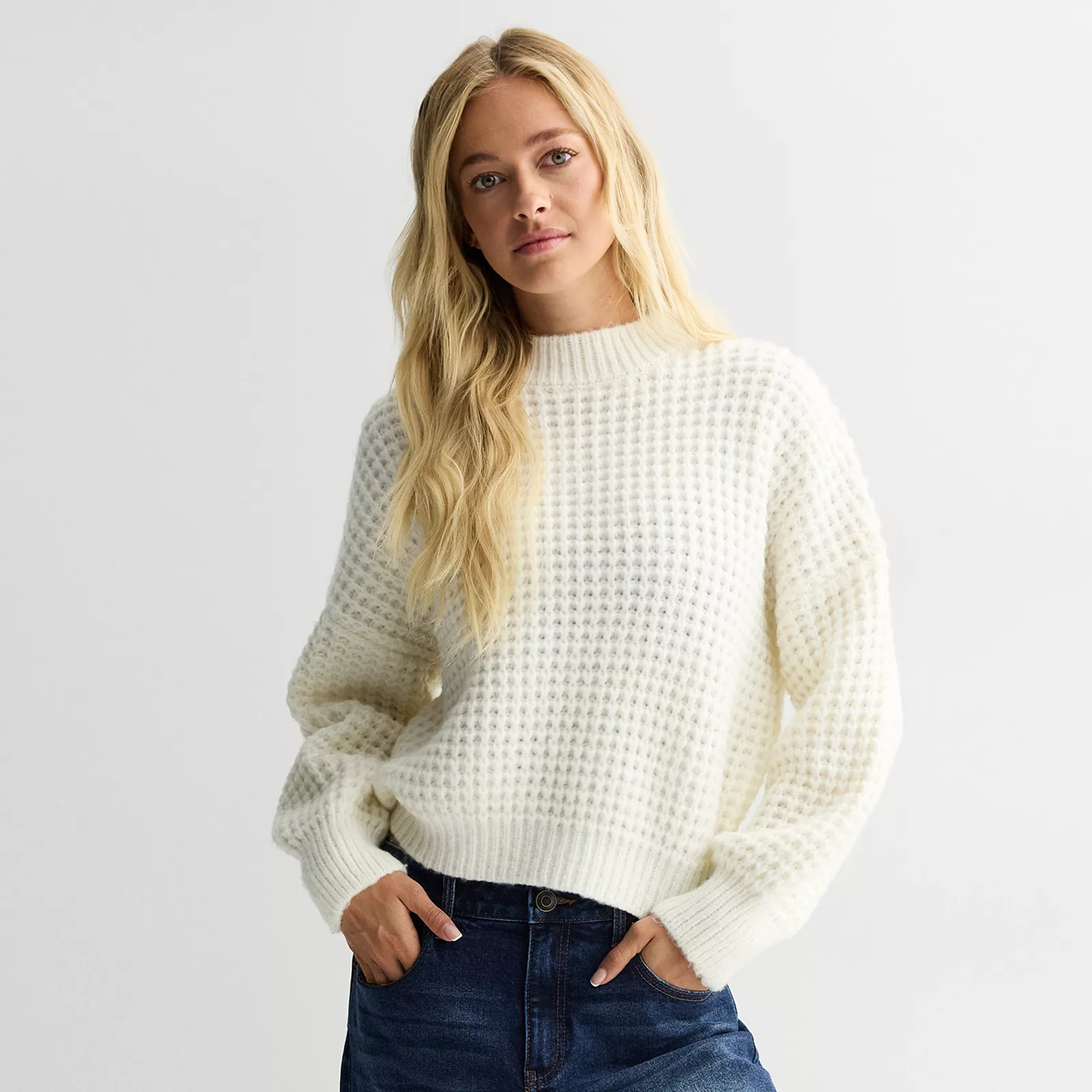 Juniors' SO® Balloon Sleeve Waffle Sweater | Kohl's