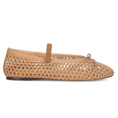 MICIFA Woven Mesh Ballet Flats for Women Raffia Round Toe Bow Mary Jane Flats Straw Ballerinas Flats Wedding Natural Crocheted Dress Shoes Brown | Amazon (US)