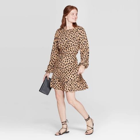 Women's Animal Print Long Sleeve Round Neck Mini Crepe Dress - A New Day™ Brown | Target