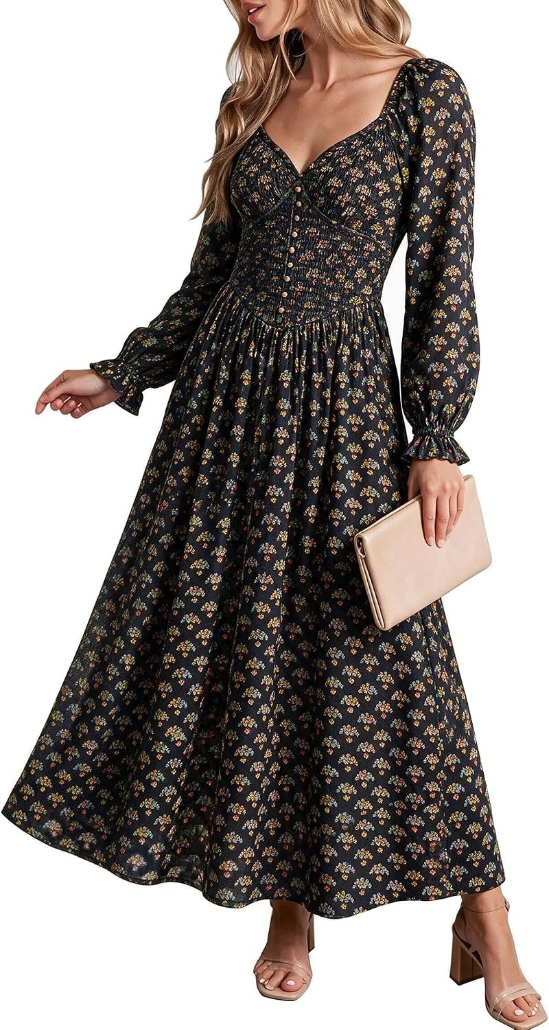 LERASON Women's Fall Boho Long Sleeve Sweetheart V Neckline Maxi Dress | Amazon (US)