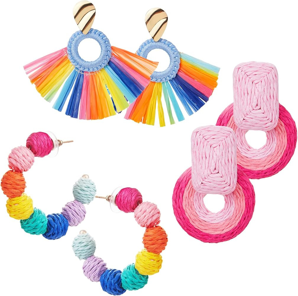 Statement Earrings, Trendy Rattan Hoop Earrings, Raffia Earrings for Women Girls, Summer Earrings... | Amazon (US)