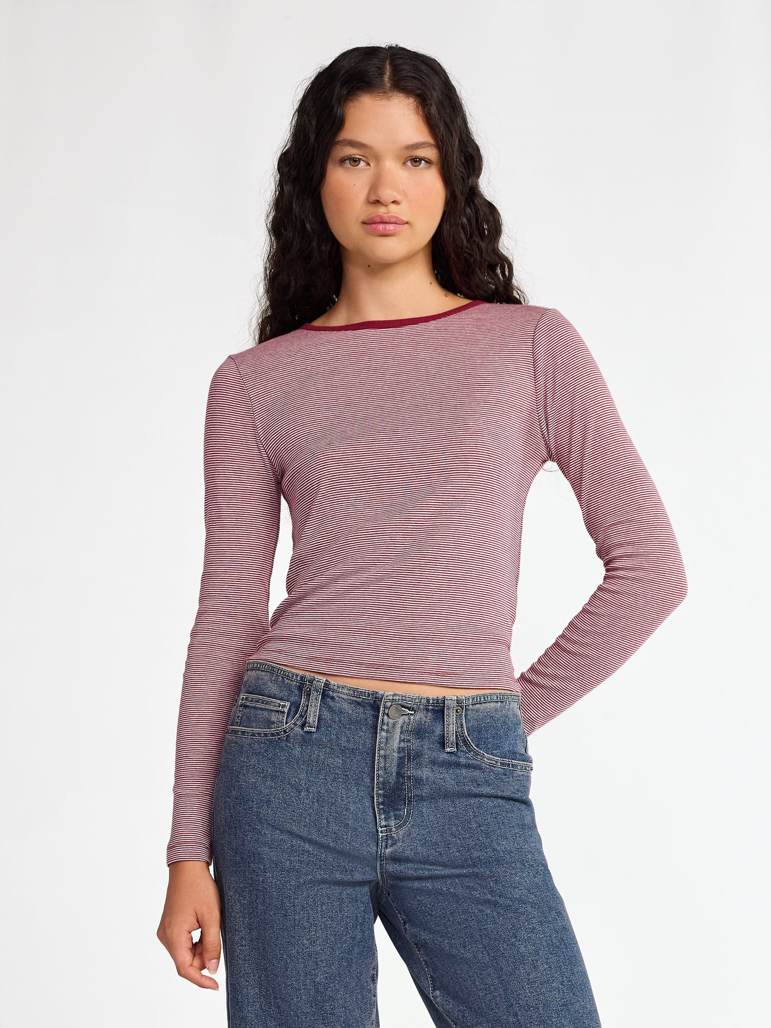 No Boundaries Striped Tee with Long Sleeves, Women's | Walmart (US)