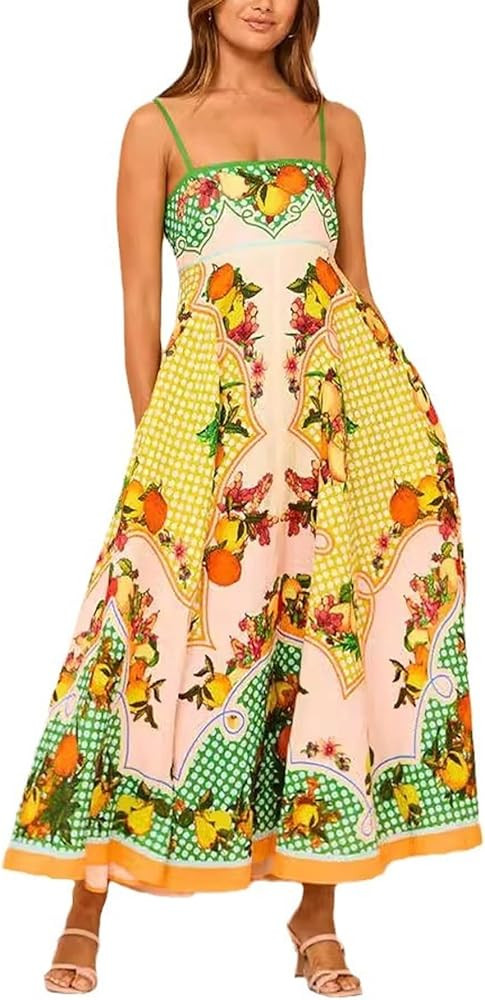 Women Graffiti Print Maxi Cami Dress Boho Colorful Spaghetti Strap Dress Summer Flowy Aline Sundr... | Amazon (US)