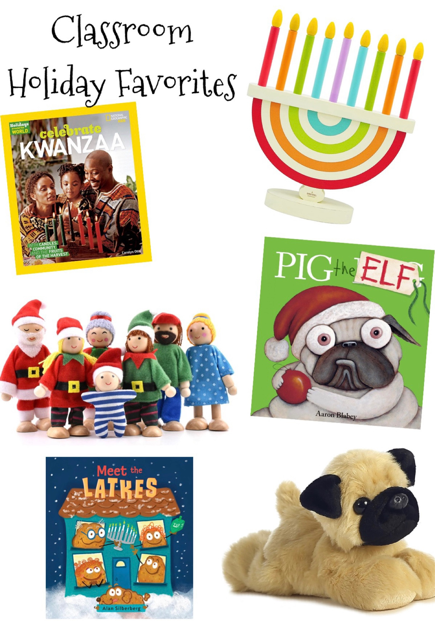 Some of my favorites for my classroom to learn about Kwanzaa, Hanukkah, and Christmas! These are just a few of the holidays we learn about in kindergarten. Also, this stuffed pug is the perfect addition to my “Pug on the Rug” resource on TpT! It’s the fun of Elf on the Shelf, but is not linked to any specific holiday or religion. 

#LTKSeasonal