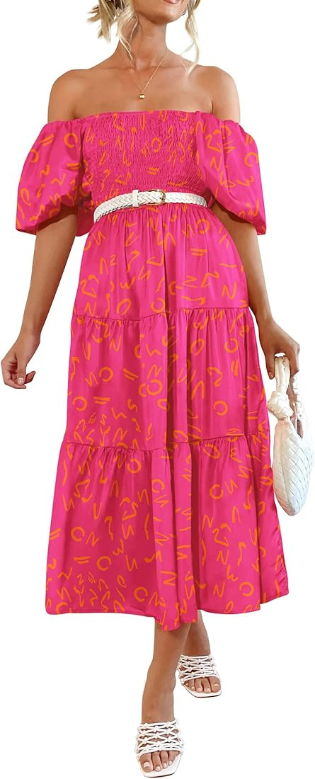 PRETTYGARDEN Women's Casual Summer Midi Dress Puffy Short Sleeve Square Neck Smocked Tiered Ruffl... | Amazon (US)