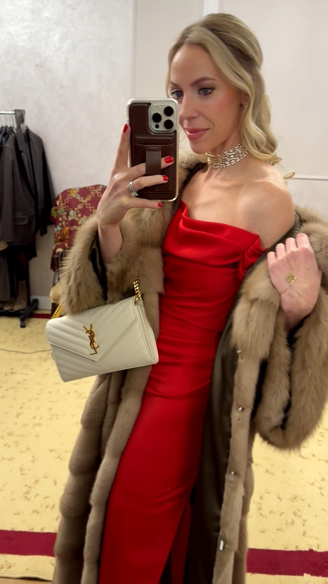 Winter formal wear, fur coat, red off the shoulder gown, winter wedding guest dress, gold rhinestone choker necklace, Saint Laurent clutch, gold formal sandals, holiday formal event 

#LTKWedding #LTKHoliday #LTKShoeCrush